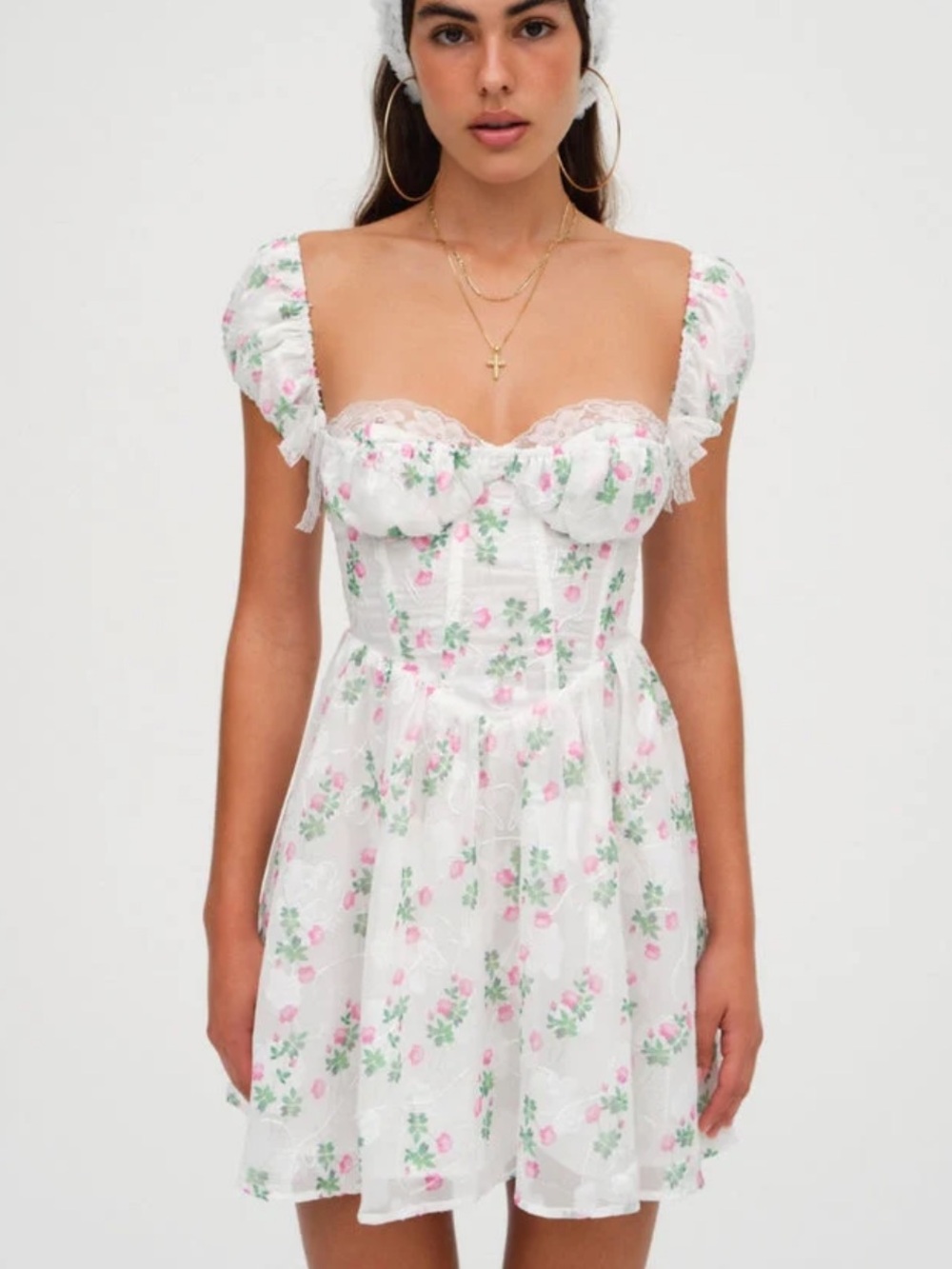 For Love & Lemons White Floral Puff-Sleeve Mini Dress